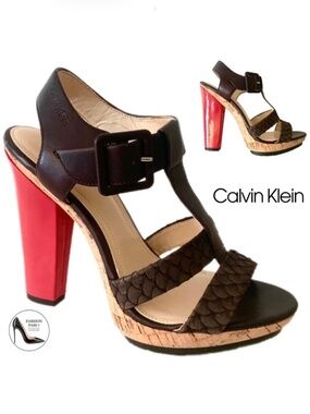 Calvin Klein Bea Platform Stiletto Heel Sandal Brow Red Leather T-Strap Pump 7.5